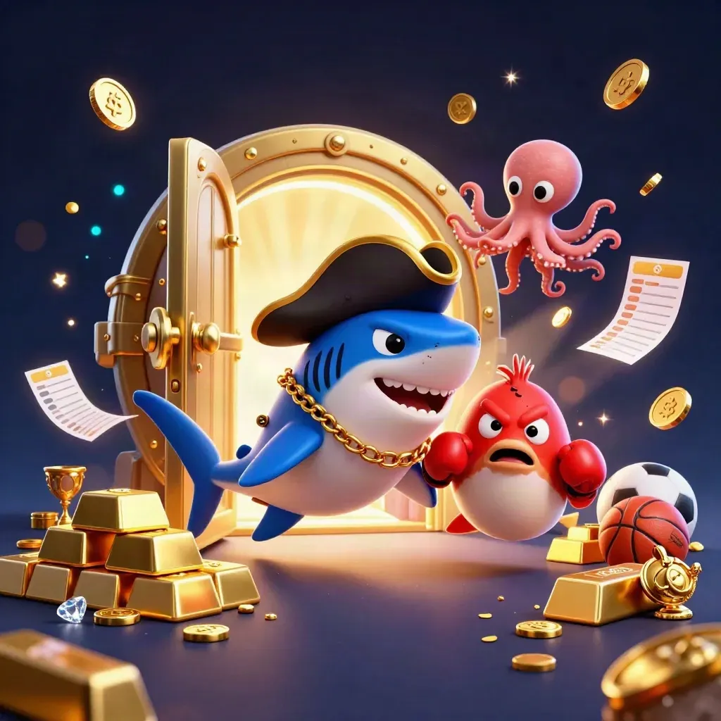 Pirate shark, pufferfish and octopus amid casino treasure, balls and blazing light.