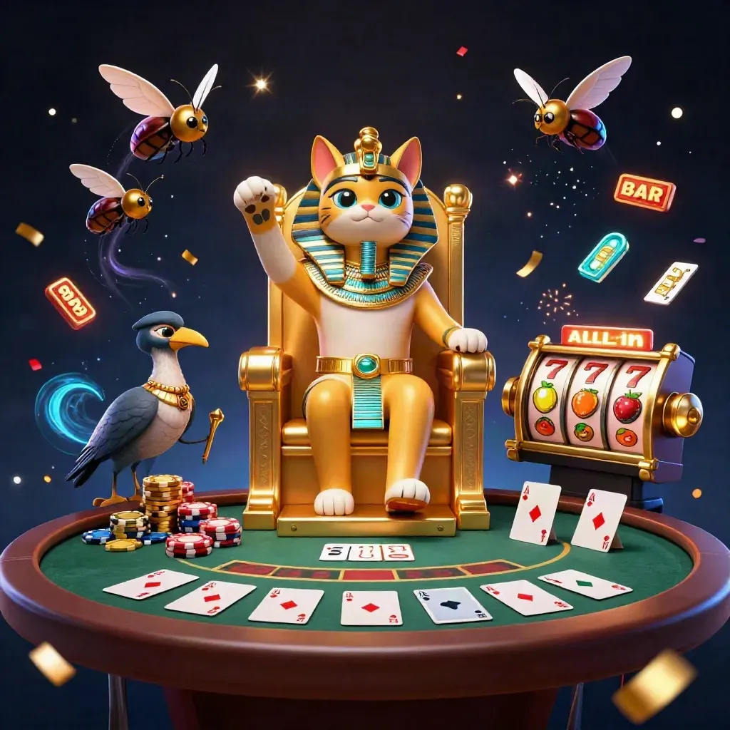 Pharaoh cat and ibis scribe on a golden throne amid chips, cards, reels, and scarabs.
