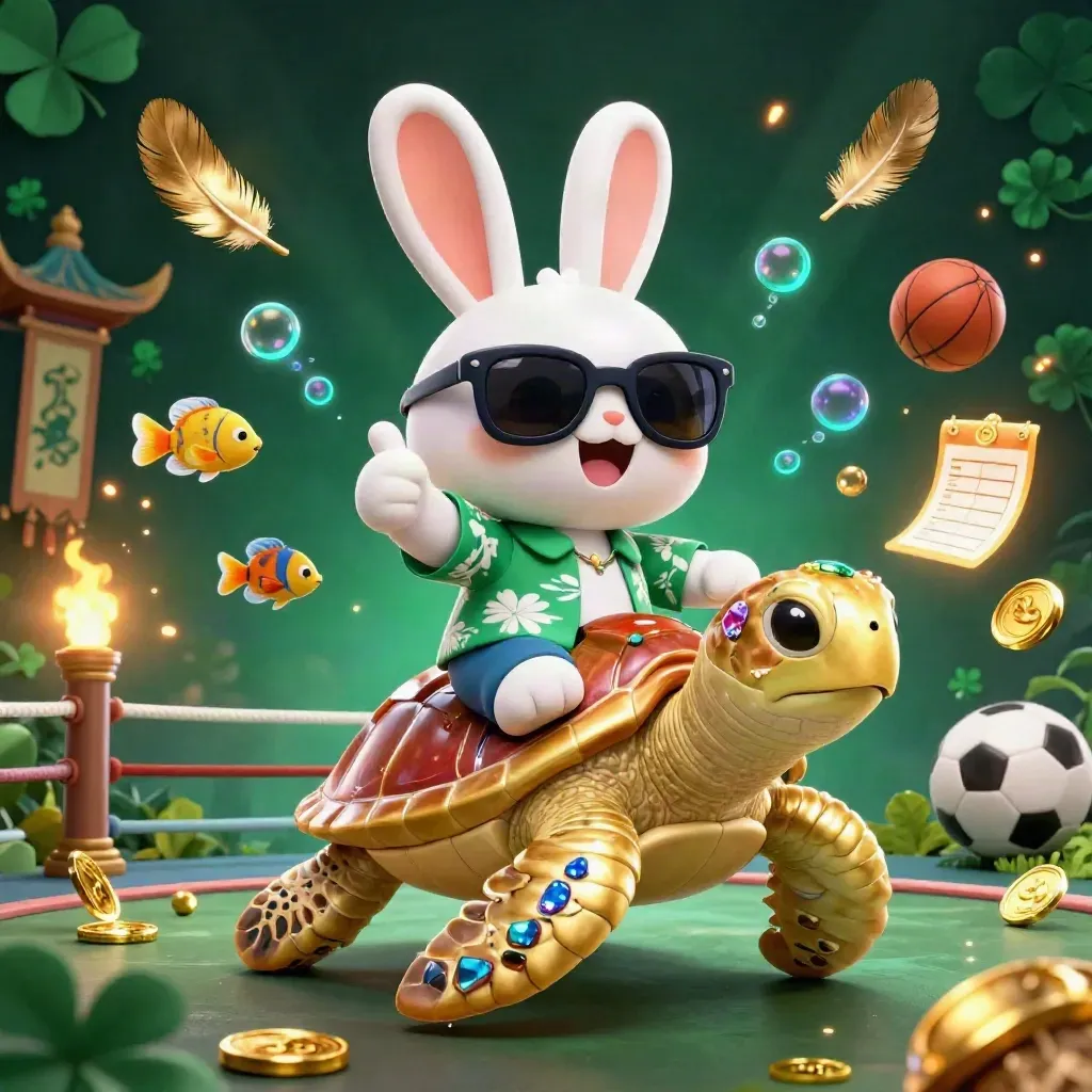 Ground-level cartoon rabbit rides a gold sea turtle amid coins, fish, balls, and casino glow.