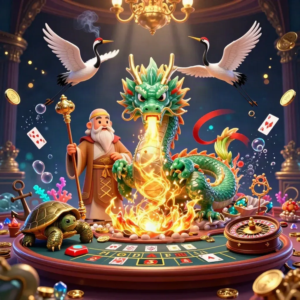 Dragon, turtle sage, and cranes in a luxe casino treasure cove with glowing lights.
