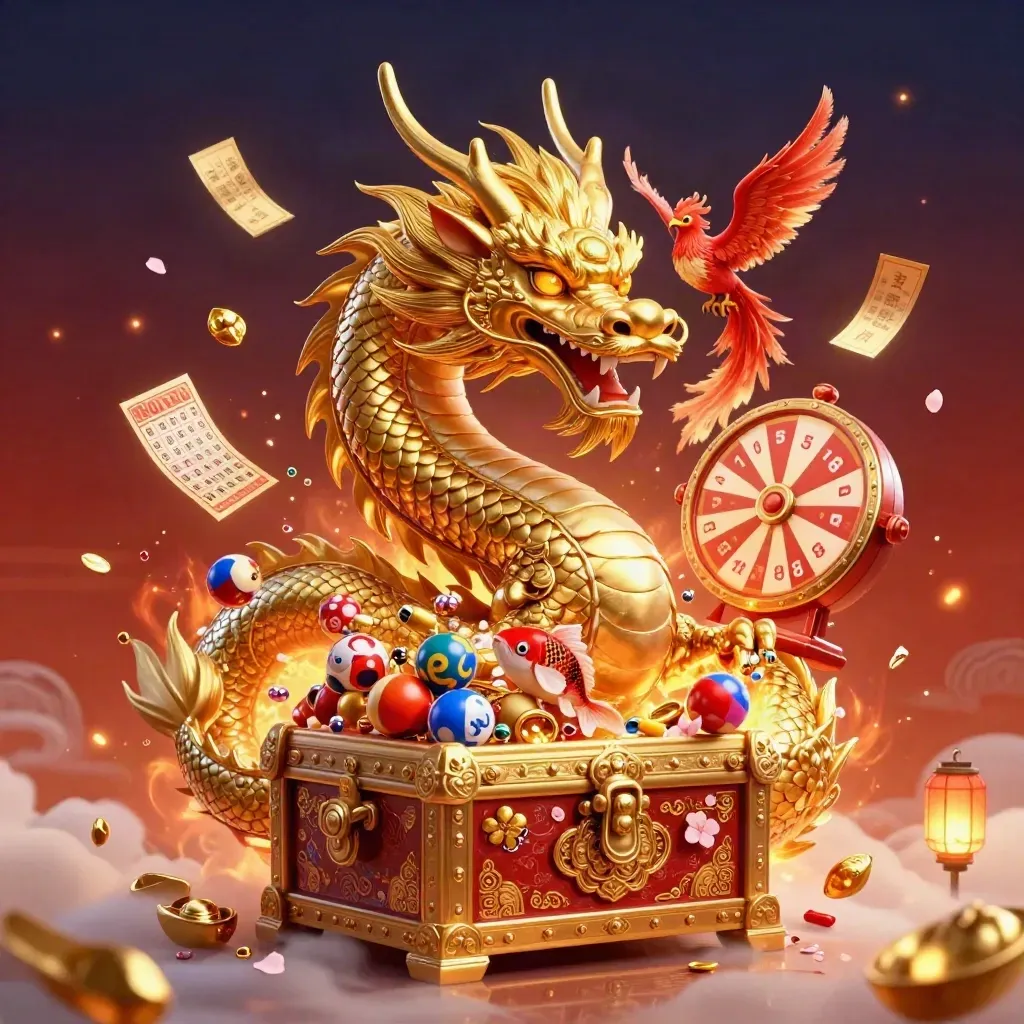 Golden dragon, red phoenix, and koi bursting from a treasure chest with casino gold and ember glow.