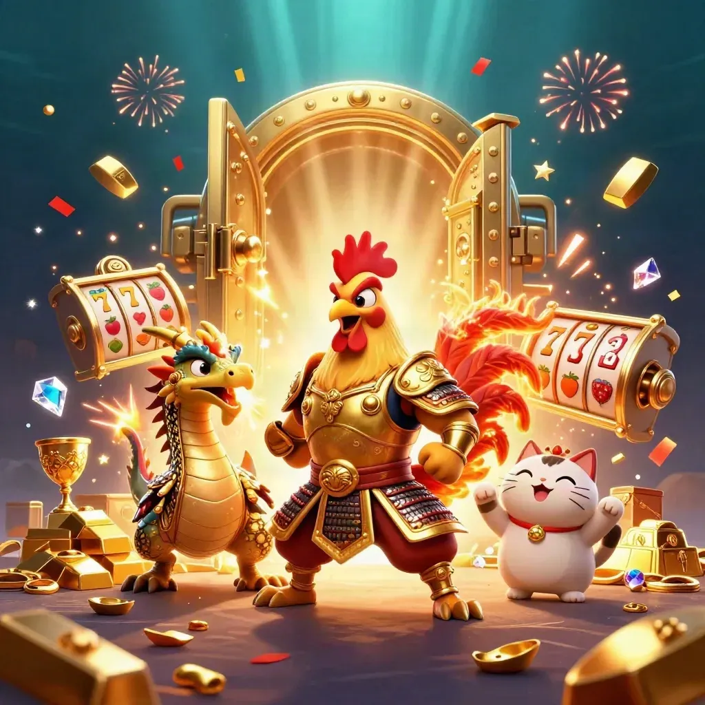 Rooster warrior, dragon hatchling, and fortune-cat amid gold vault burst and casino sparks.