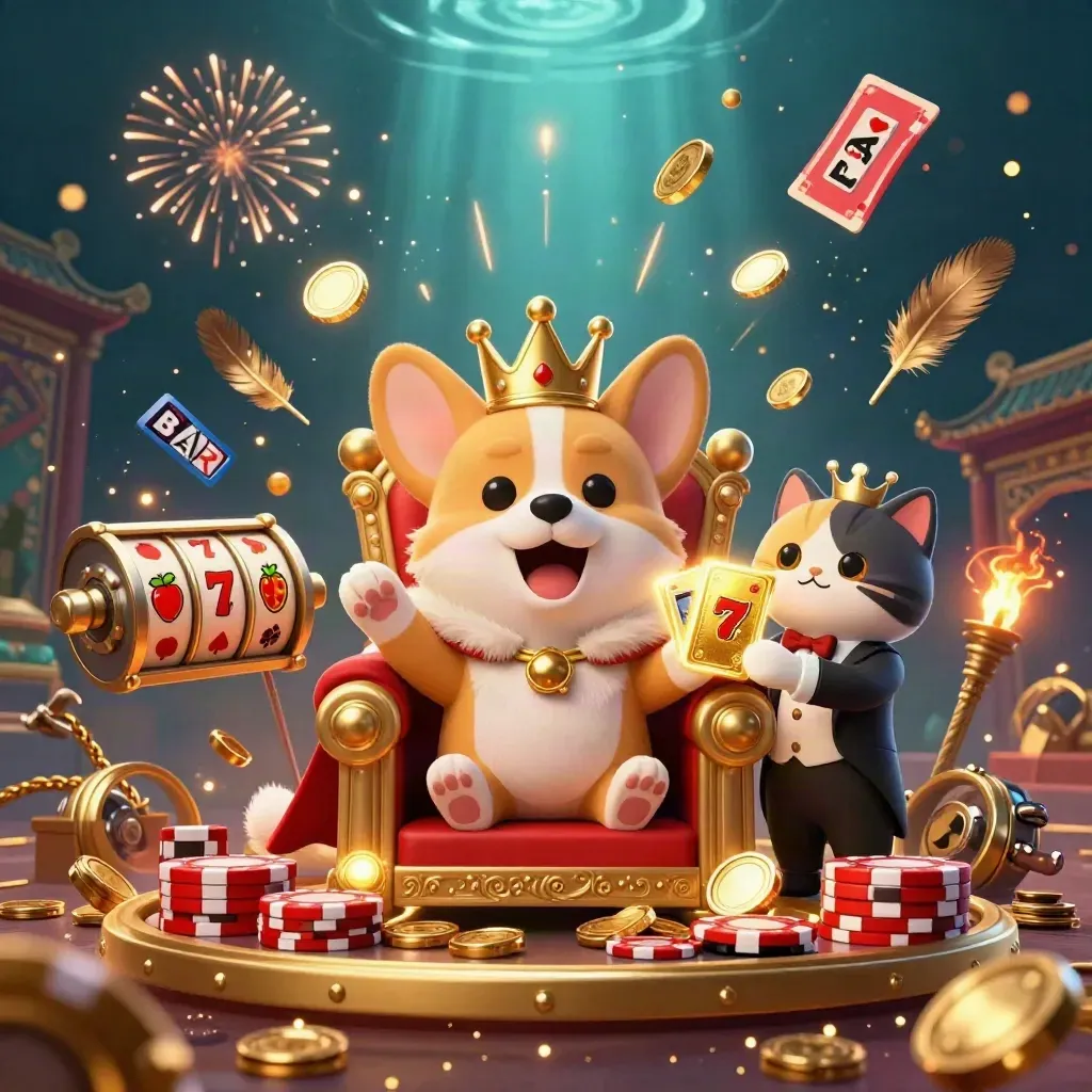 Royal corgi and cat butler amid coins, reels, fireworks, and a glowing casino vault burst.