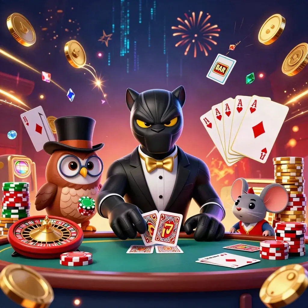 Panther, owl, and mouse amid exploding coins, reels, chips, and fireworks in luxe casino colors.