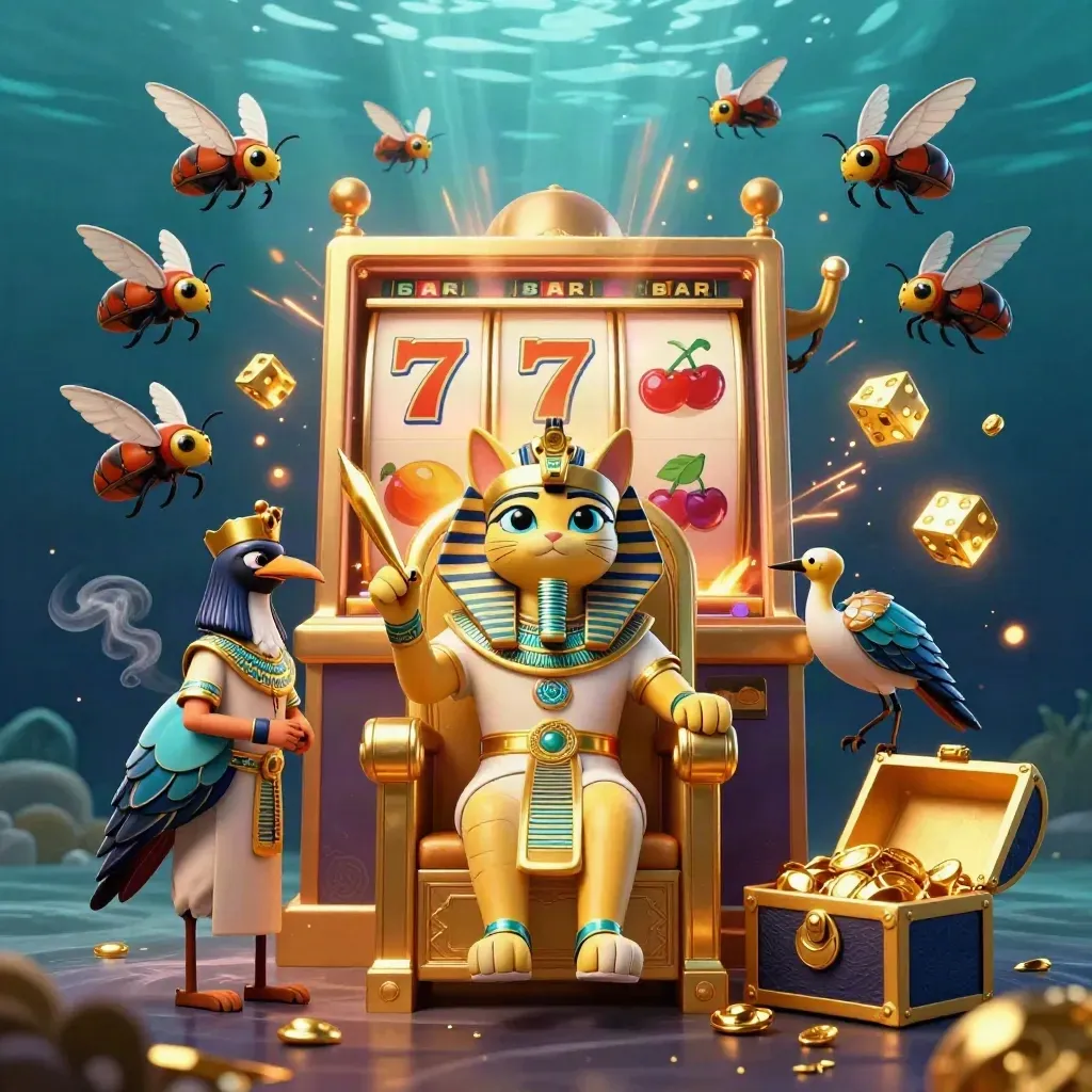Pharaoh cat on a golden throne with ibis scribe, scarabs, slot reels, and gold bursting in blue water glow.