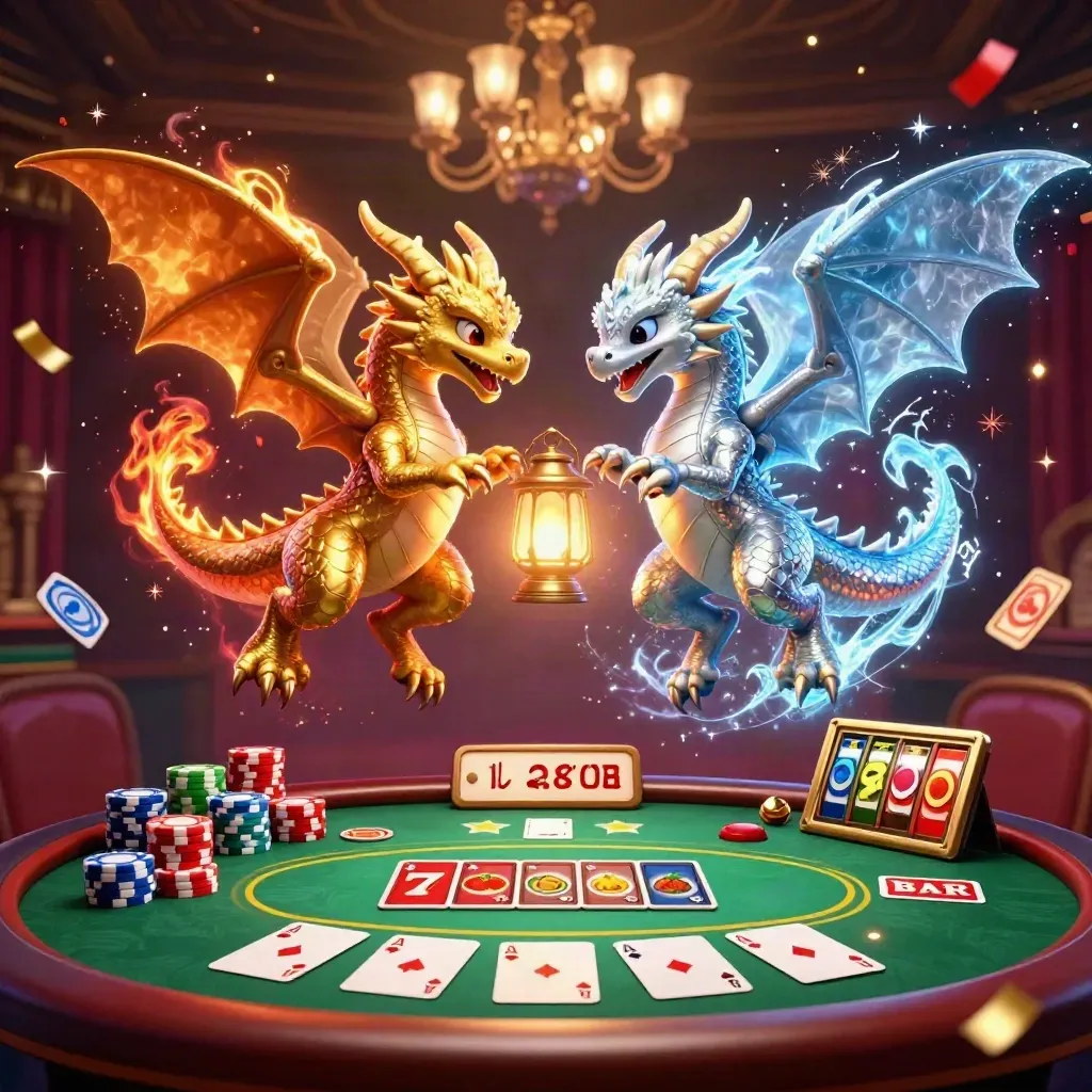 Twin gold and silver dragons swirl through a casino blaze with cards, chips, reels, and a lantern spirit.