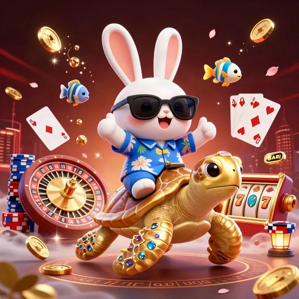 Lucky rabbit rides gem-shell turtle amid coins, cards, chips and glowing casino effects.